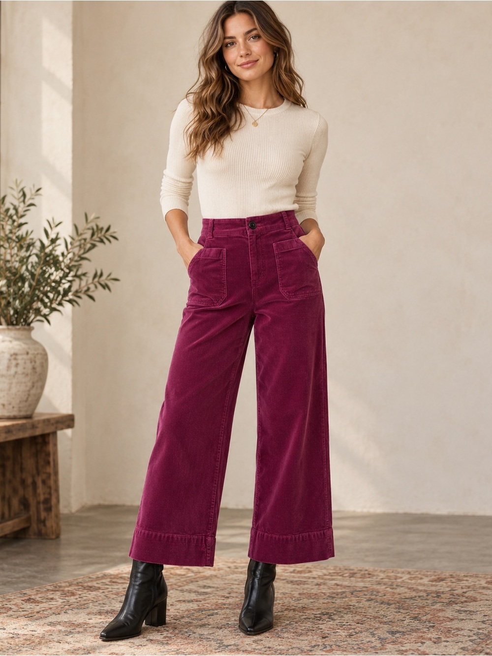 Maeve Anthropologie The Colette Magenta Corduroy Cropped Wide Leg Pants Size 26